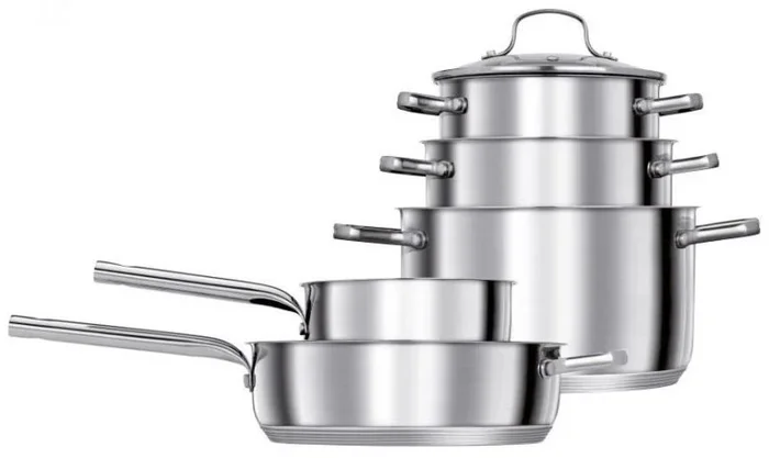 SMILE Bateria de cocina 6 piezas con tapa de cristal. Para inducción y lavavajillas. Acero inoxidable MGK-07