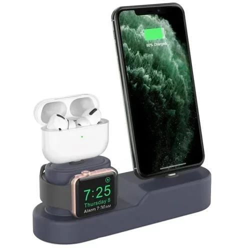 Soporte de Base de Almacenamiento de Carga 3 En 1 Ahastyle Pt28-3 para iPhone Apple Watch AirPods (Azul Medianoche)