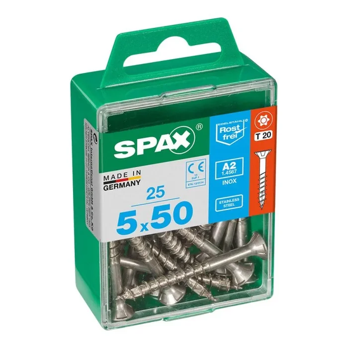 SPAX TIRA1787 Caja 25 uds. Tornillo Madera Cab. Plana INOX A2 5,0x50mm, Multicolor