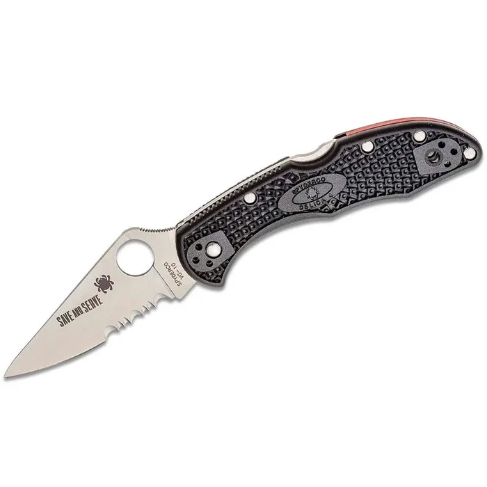 Spyderco STE-C11FPSBKRD Navaja de bolsillo Delica 4 Thin Red Line con Hoja combinada de Acero VG-10 de 7,4 cm con mango FRN color negro con línea rojas. Clip de bolsillo ambidiestro de 4 posiciones