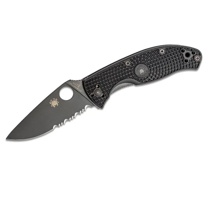 Spyderco STE-C122PSBBK Navaja de Caza Tenacious con Hoja negra de Acero 8Cr13MoV de filo combinado, acabado satinado de 8,6 cm y Mango FRN de color negro. Incluye clip de bolsillo y orificio para cordón