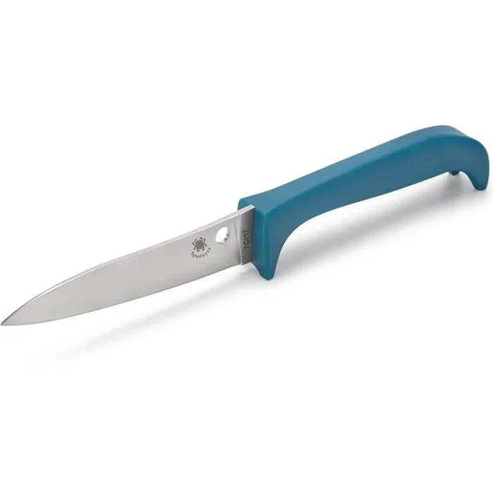 Spyderco STE-K20PBL Cuchillo de Cocina Counter Puppy azul hoja Drop point lisa acabado satinado, acero 7Cr17 de 8,8 cm de largo con Mango plástico de color azul