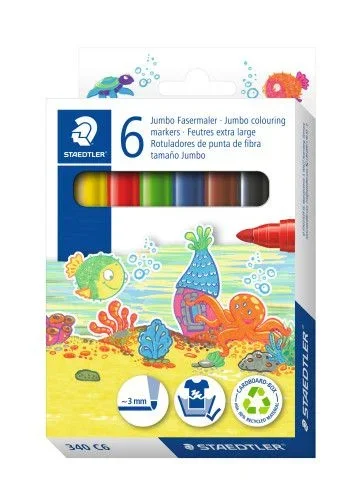 STAEDTLER Noris 340 Jumbo – Rotulador para manos de niños pequeños, estuche de cartón con 6 rotuladores Jumbo en colores surtidos, 340 C6