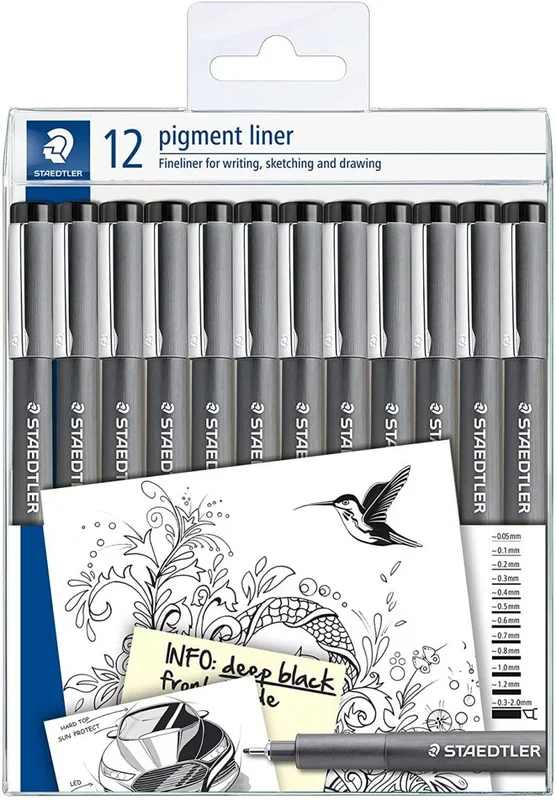 Staedtler pigment liner 308 pack de 12 rotuladores calibrados – tamaños de puntas surtidos – color negro