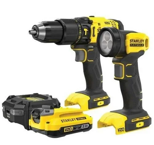 Stanley, SFMCK210D1, set atornilladora impacto 50Nm y linterna LED, sistema V20 20V, batería 2,0Ah incluida, cargador y maletín, montaje y bricolaje, negro con amarillo