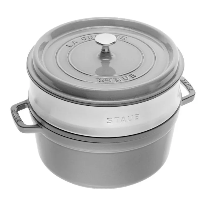 Staub Cocotte Redonda con Cesta Vapor, Hierro Fundido, Gris Grafito, 26 cm