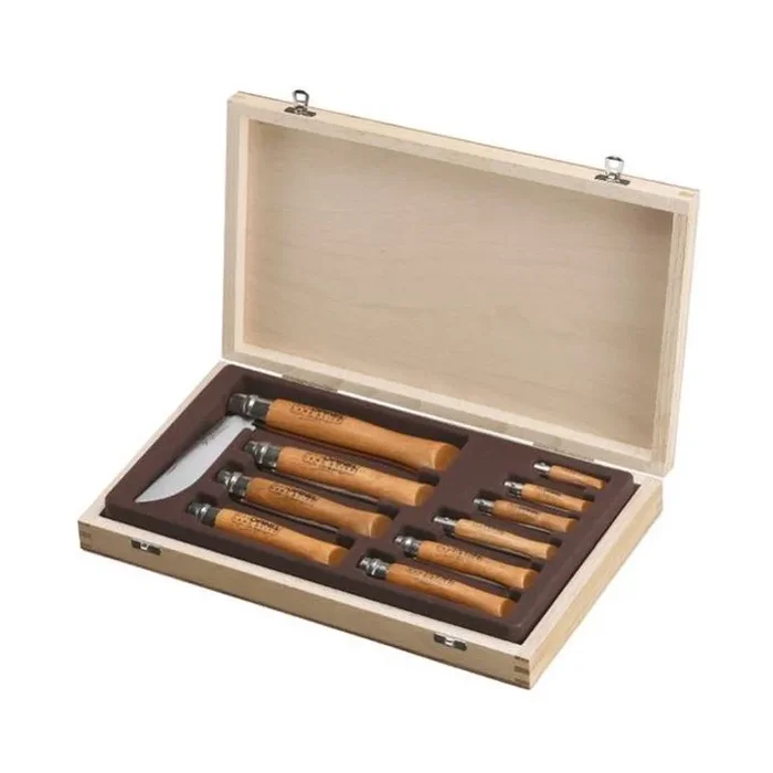 Surtido Navajas Opinel nº 02 a 12, hoja de acero al carbón de varios tamaños, con mango en haya barnizado, color beige, en caja de coleccionista, 183102
