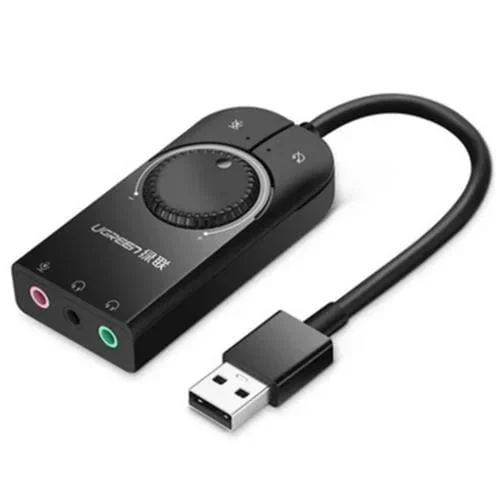 Tarjeta de Audio Externa Ugreen CM109 USB a 3 Puertos 3,5 mm para Computadora con Rueda de Ajuste de Volumen y Cable de 15 cm