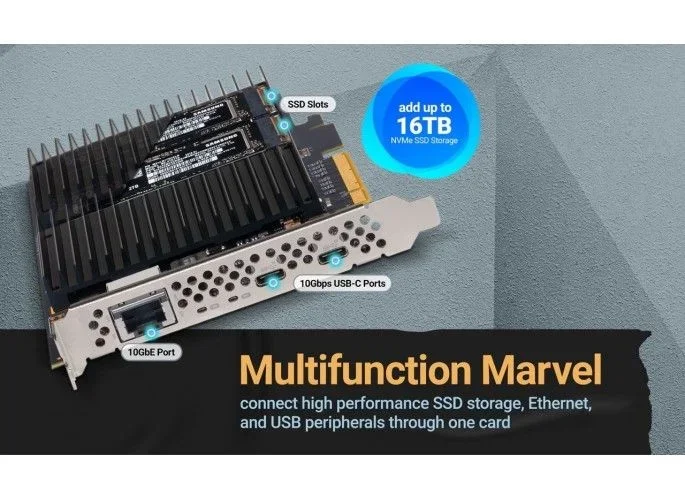 Tarjeta PCIe Sonnet McFiver – Tarjeta adaptadora multifunción con Dos Ranuras M.2 NVMe SSD, Ethernet de 10 GB y Dos Puertos USB-C de 10 Gbps
