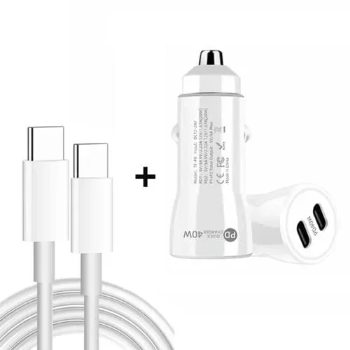 Te-P8 40W Pd20W + Pd20W Cargador De Coche Pd3.0 De Doble Puerto Con Cable De Datos Tipo C A Tipo C, Longitud: 1 M (Blanco)