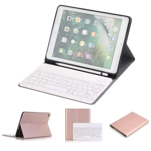 Teclado Bluetooth Desmontable + Funda de Cuero con Tapa Horizontal con Soporte y Portalápices para iPad Pro 9,7, iPad Air, iPad Air 2, iPad 9,7 (2017, 2018) (Oro Rosa)
