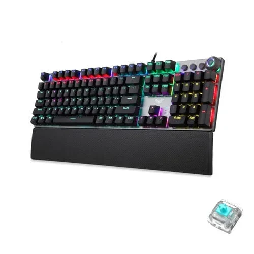 Teclado de Juegos Aula F2088 108 Llaves con Interruptor Mecánico Azul Cableado USB Botón de Metal (Negro)