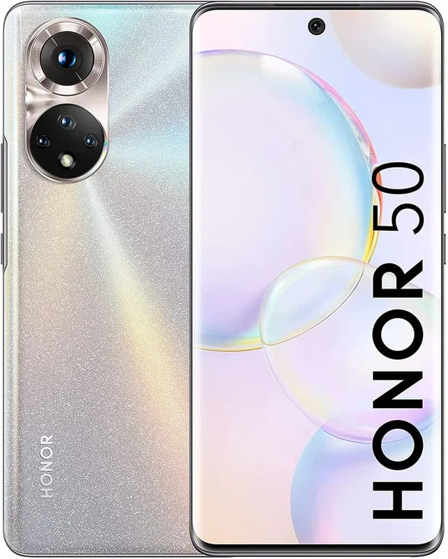 Teléfono Honor 50 en Color Cristal (Frost Crystal), Banda 5G, 8 GB de RAM, 256 GB de Memoria Interna, Dual Sim, Pantalla Curva OLED de 6.57″.Cámara cuádruple de 108 MP. Smartphone completamente libre.