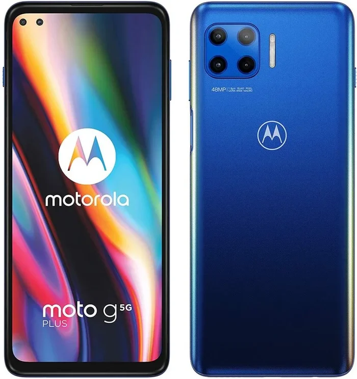 Teléfono Motorola Moto G 5G Plus, Color Azul (Blue), 64 GB de Memoria Interna, 4 GB de RAM, Pantalla FHD+ de 6.7″. Sistema de 4 cámaras de 48 MP, Dual SIM, Android 10. Smartphone completamente libre.