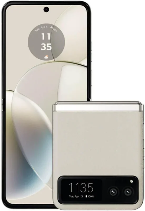 Teléfono Motorola Razr 40. Banda 5g. Color Vainilla Cream. 256 GB de Memoria Interna, 8 GB de RAM, Dual Sim. Pantalla ultra gran angula pOled de 6,9». Cámara trasera principal 64 MP. Smartphone libre