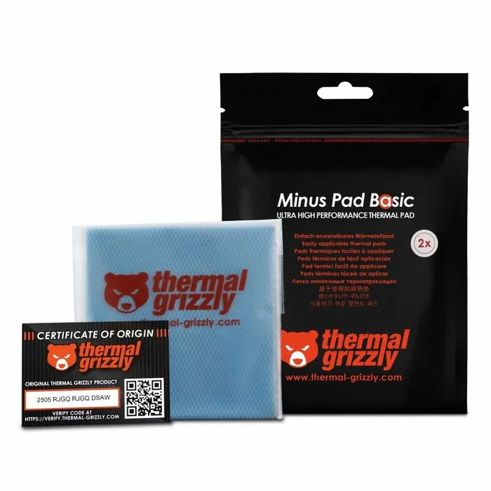 Thermal Grizzly Minus Pad Basic – Paquete de 2 almohadillas de interfaz térmica, 100 x 100 x 1,5 mm, eléctricamente no conductiva, alta conductividad térmica y compresibilidad para SSD, GPU y
