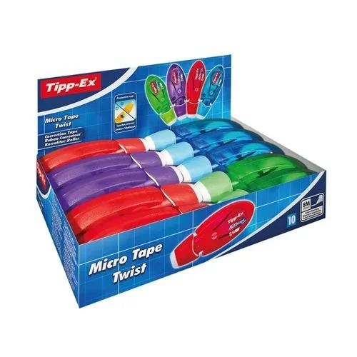 Tipp-ex micro tape twist expositor con 10 cintas correctoras 5mm x 8m – cabezal rotativo – escritura instantanea – colores surtidos