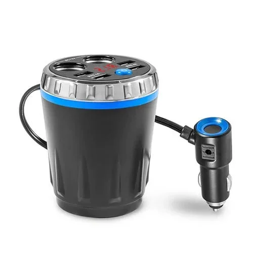 Titular De La Copa Del Cargador Del Coche Dual Encendedor De Cigarrillos Puertos 4Usb Cargador De Coche Reproductor De Mp3 (Azul)