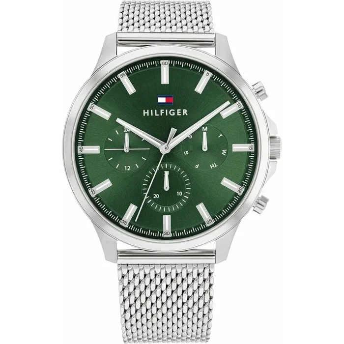Tommy Hilfiger Reloj Analógico de Cuarzo Multifunción para Hombre con Correa de Malla de Acero Inoxidable Plateada – 1710499