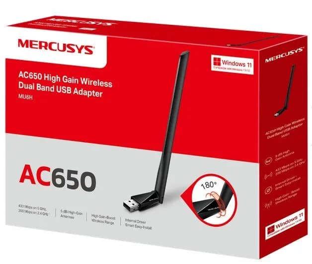 TP-Link MERCUSYS MU6H Adaptador AC650 WiFi USB de Alta Ganancia, Memoria WiFi, Dual-Band, 200 Mbps a 2,4 GHz con tecnología 256-QAM, 433 Mbps a 5 GHz, Compatible con Windows 11/10/8.1/8/7/XP