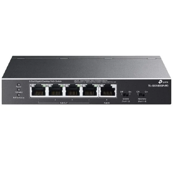 TP-Link TL-SG1005P-PD | Conmutador Ethernet Gigabit de Paso PoE de 5 Puertos | 1 PoE++ en 90 W, 4 PoE+ de Salida de hasta 66 W | Plug & Play | Modo de extensión | QoS, IGMP, PoE Recuperación
