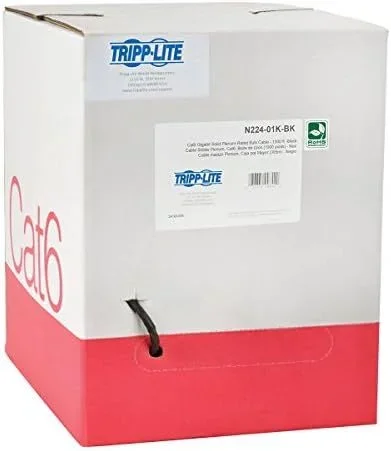 Tripp Lite N224-01K-BK Cable Ethernet a Granel de PVC CMP UTP Clasificación Plenum Núcleo Sólido Cat6 Gigabit, Negro, 304.8 m 1000 pies