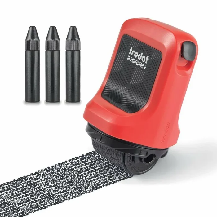 Trodat ID Protector+ – Rodillo de tinta – Sello de rodillo de protección contra robo de identidad con caja integrada y abrecartas (3 en 1) – Incluye 3 tintas de recambio