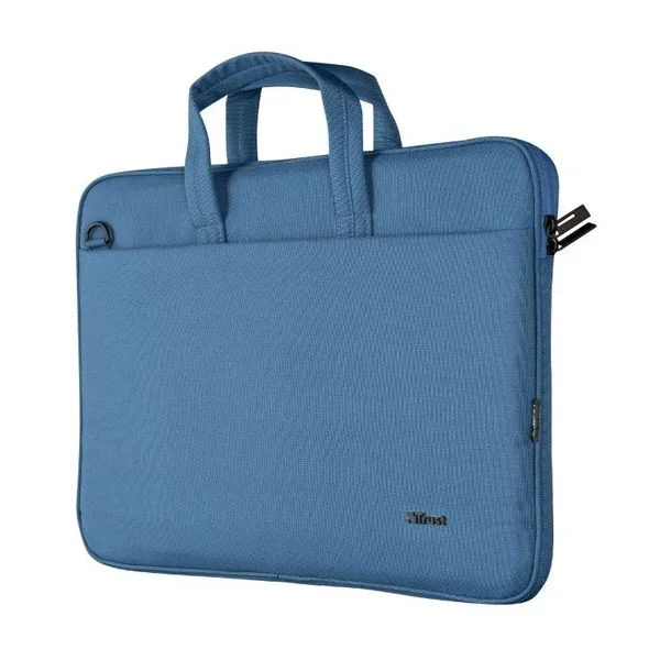 Trust Bologna Eco Maletín para Portátil de Hasta 16″, Fino y Ecológico con Correa Ajustable para Hombro, Bolsa de Plástico Reciclado para Viajes, Oficina, Trabajo, Universidad – Azul