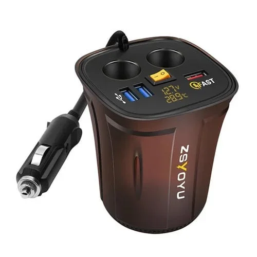 Universal Car Qo3.0 Adaptador De Toma De Corriente Con Cargador Usb De Tres Puertos Con Voltímetro Y Termómetro Digital Led (Luz Amarilla)