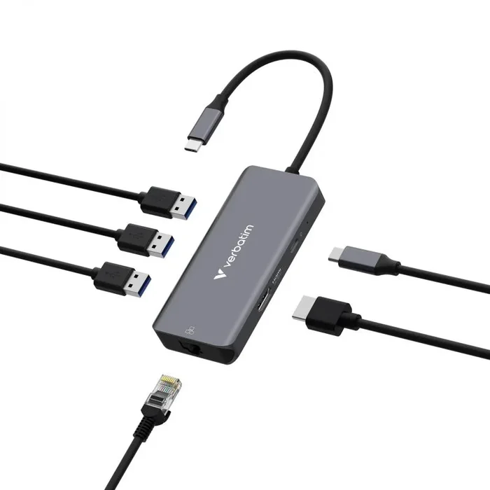 Verbatim Concentrador multipuerto USB-C Essentials: 6 puertos: (3) USB-A 3.0/3.2 Gen 1, (1) USB-C 3.0/3.2 Gen 1, RJ45 Ethernet, HDMI 4K y entrega de energía de hasta 100 W