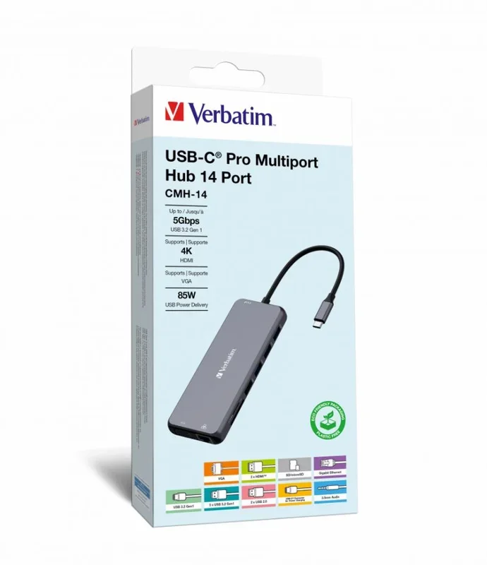 Verbatim USB C Hub 14 en 1, multipuerto USB-C a HDMI, VGA, RJ45, USBA-A y USB-C PD, con Lector de Tarjetas SD, para Mac, MacBook Pro/Air, iPad Pro, Thinkpad, Windows Computadora, Portátil y Co