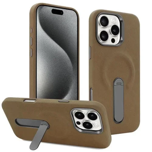VIETAO – Funda de piel sintética MagSafe de ante con soporte para iPhone 15 Pro Max (marrón oscuro)