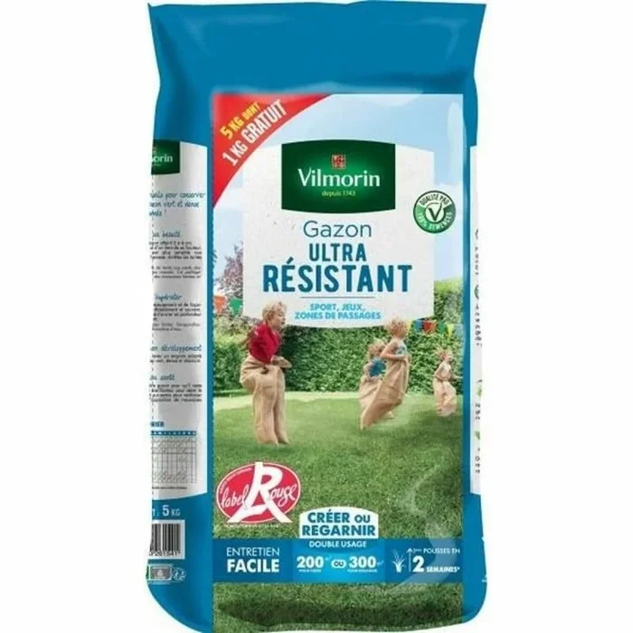 Vilmorin – Hierba ultra resistente Red LABEL – Primeros brotes de 2 semanas – para crear una nueva hierba/ver una hierba vieja 5 kg incluyendo 1 kg gratis