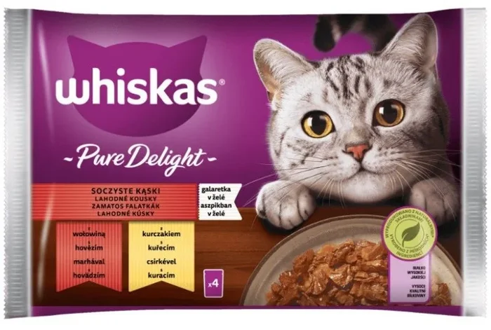 Whiskas pure delight beef, chicken jelly – comida húmeda para gatos – 4 x 85g