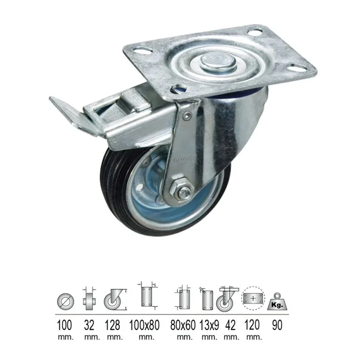 WOLFPACK LINEA PROFESIONAL – Rueda Industrial Goma Negra Placa con freno 100mm