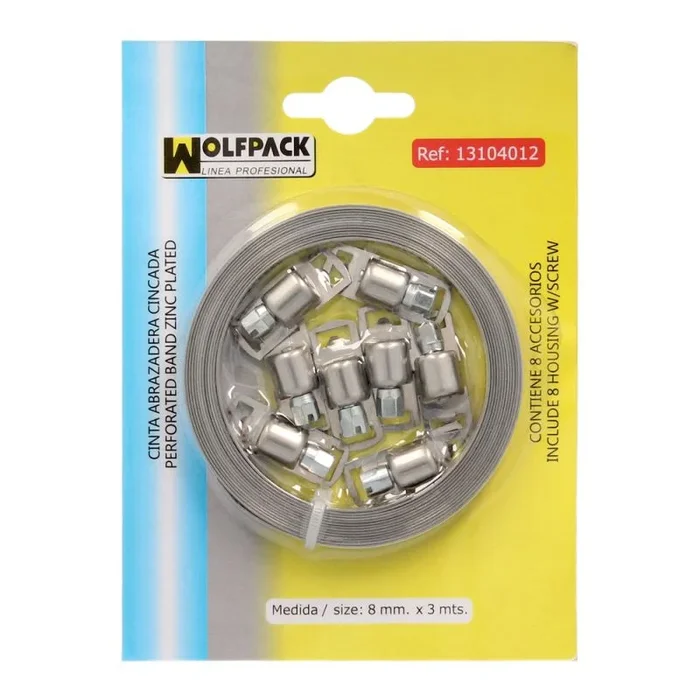 WOLFPACK LINEA PROFESIONAL Cinta Abrazadera cortar Zincada 8 mm. x 3 m. con 8 tornillos Abrazadera Metalica de Tornillo, Abrazadera Sin Fin