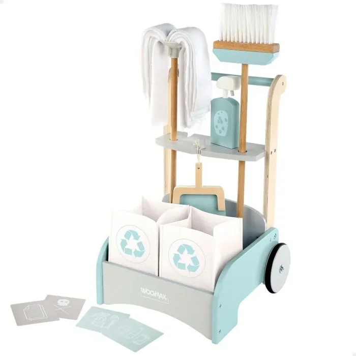WOOMAX – Carro de Limpieza de Juguete, Carrito Madera, fregona Escoba y recogedor, Carrito de Limpieza Infantil, Juguetes de hogar, Juguetes de Madera, 10 Piezas, 3 años