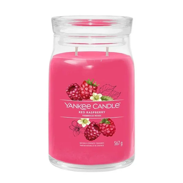 Yankee Candle, Signature, Vela perfumada, Vela en tarro grande de frambuesa roja con doble mecha, mezcla de cera de soja de larga duración