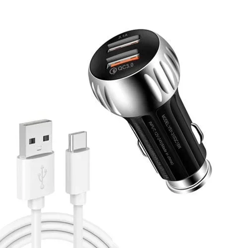 Ysy-310Qc18W Qc3.0 Cargador De Coche Usb De Doble Puerto + 3A Usb A Usb-C / Cable De Datos Tipo C, Longitud Del Cable: 1 M (Negro)